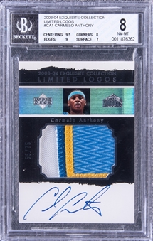 2003-04 UD "Exquisite Collection" Limited Logos #CA1 Carmelo Anthony Signed Game Used Patch Rookie Card (#55/75) - BGS NM-MT 8/BGS 10